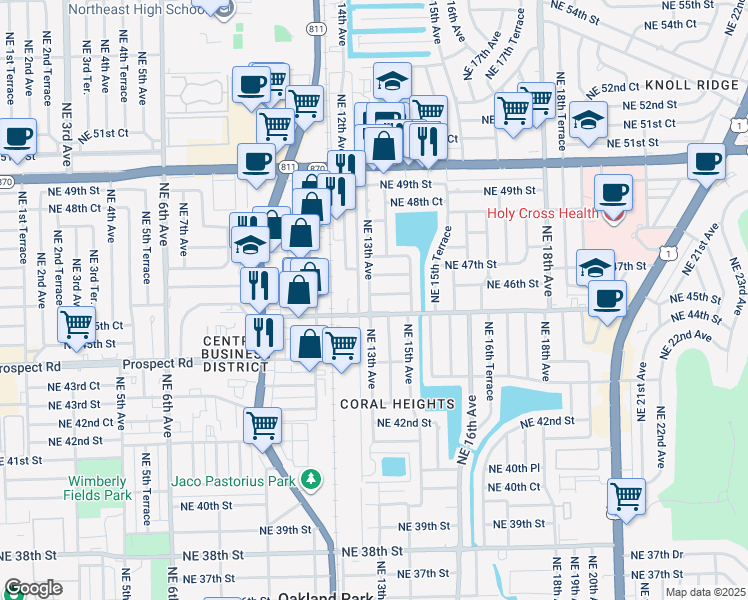 map of restaurants, bars, coffee shops, grocery stores, and more near 1300 Northeast 46th Street in Oakland Park