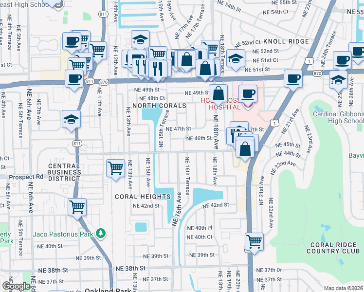 map of restaurants, bars, coffee shops, grocery stores, and more near 1596 Northeast 46th Street in Oakland Park