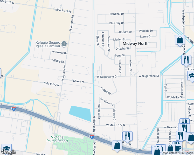 map of restaurants, bars, coffee shops, grocery stores, and more near 3224 West Sugarcane Drive in Weslaco