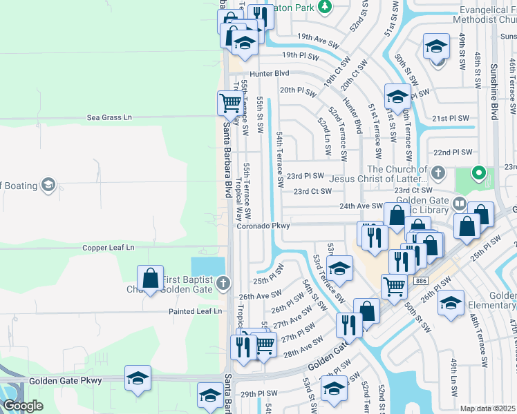map of restaurants, bars, coffee shops, grocery stores, and more near 2395 55th Street Southwest in Naples