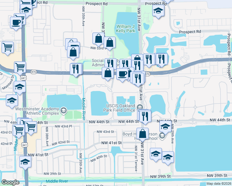 map of restaurants, bars, coffee shops, grocery stores, and more near Northwest 46th Street in Oakland Park