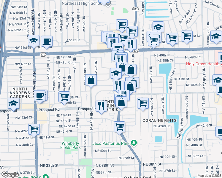map of restaurants, bars, coffee shops, grocery stores, and more near 805 Northeast 45th Street in Oakland Park
