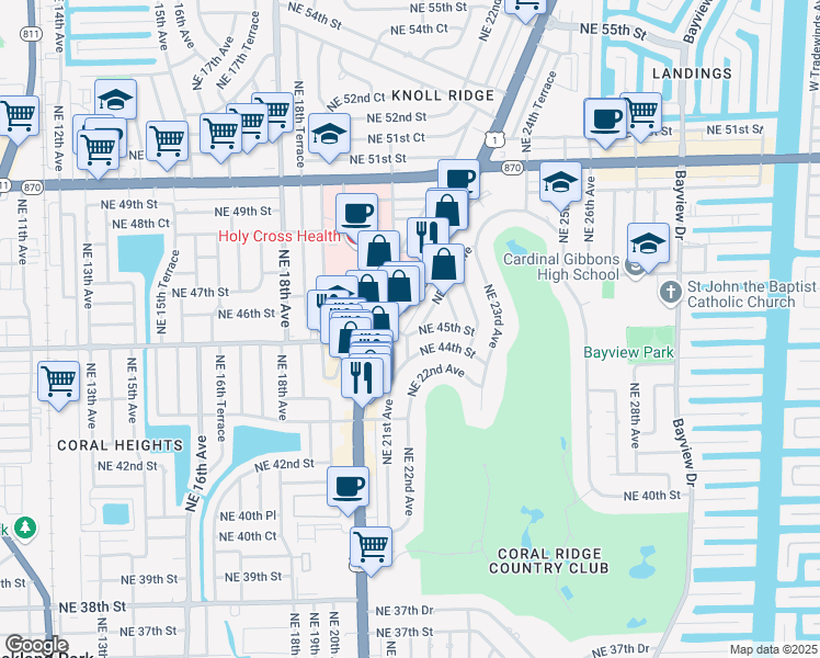 map of restaurants, bars, coffee shops, grocery stores, and more near 4500 North Federal Highway in Fort Lauderdale