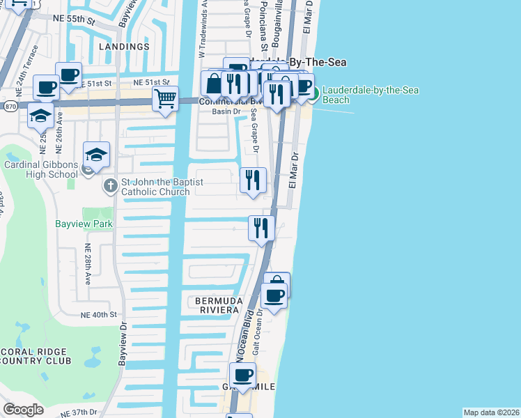 map of restaurants, bars, coffee shops, grocery stores, and more near 223 Imperial Lane in Lauderdale-by-the-Sea