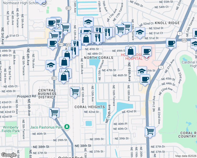 map of restaurants, bars, coffee shops, grocery stores, and more near 4520 Northeast 15th Terrace in Oakland Park