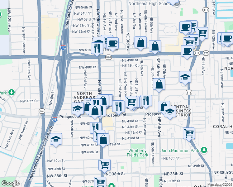 map of restaurants, bars, coffee shops, grocery stores, and more near 130 Northeast 46th Court in Fort Lauderdale