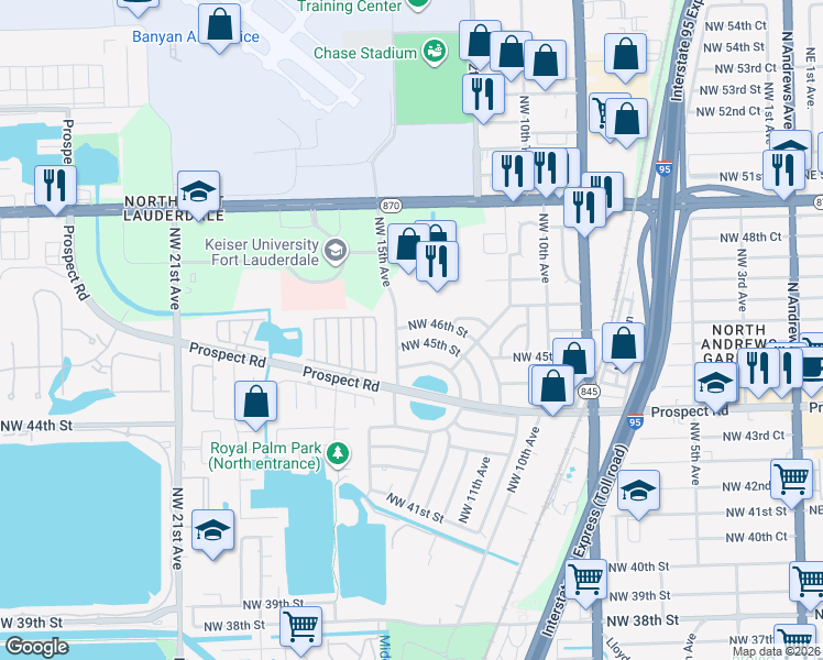map of restaurants, bars, coffee shops, grocery stores, and more near 1340 Northwest 46th Street in Fort Lauderdale