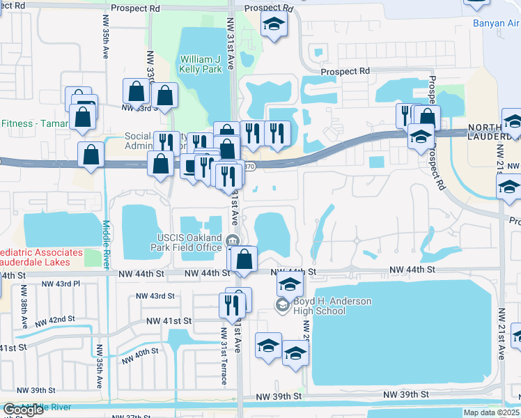 map of restaurants, bars, coffee shops, grocery stores, and more near 217 Lake Pointe Drive in Oakland Park