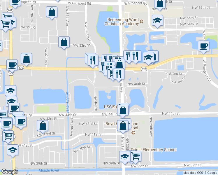 map of restaurants, bars, coffee shops, grocery stores, and more near 3200 Northwest 46th Street in Fort Lauderdale