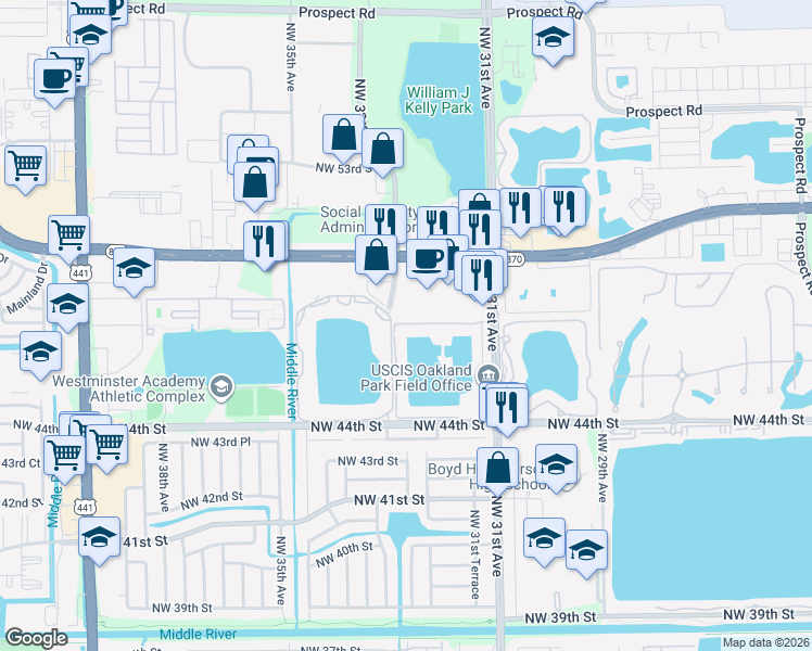 map of restaurants, bars, coffee shops, grocery stores, and more near Northwest 46th Street in Oakland Park