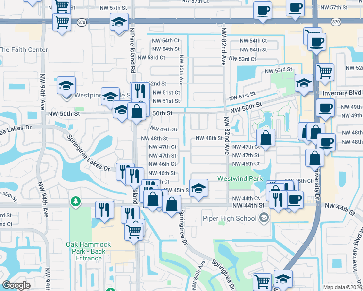 map of restaurants, bars, coffee shops, grocery stores, and more near 4771 Northwest 84th Avenue in Lauderhill