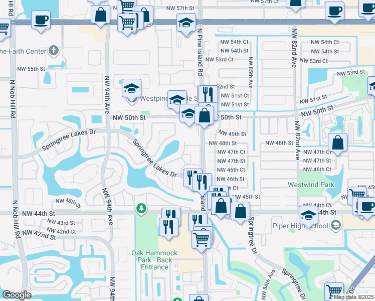 map of restaurants, bars, coffee shops, grocery stores, and more near 8850 Northwest 48th Street in Sunrise