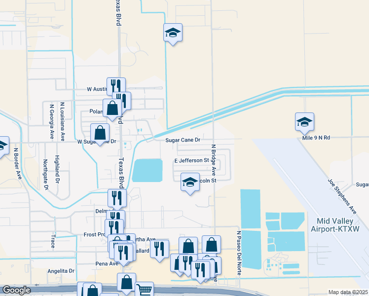 map of restaurants, bars, coffee shops, grocery stores, and more near 607 East Washington Street in Weslaco