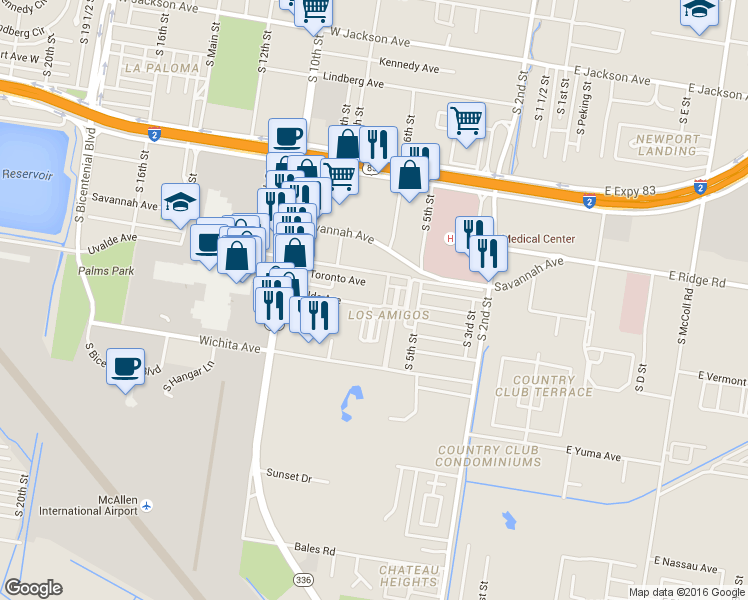 map of restaurants, bars, coffee shops, grocery stores, and more near 600 Uvalde Avenue in McAllen