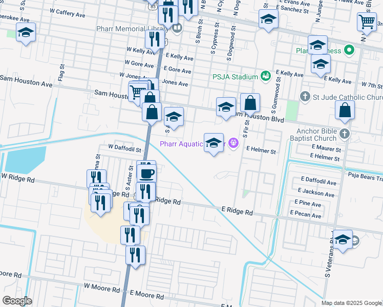 map of restaurants, bars, coffee shops, grocery stores, and more near 1025 South Birch Street in Pharr