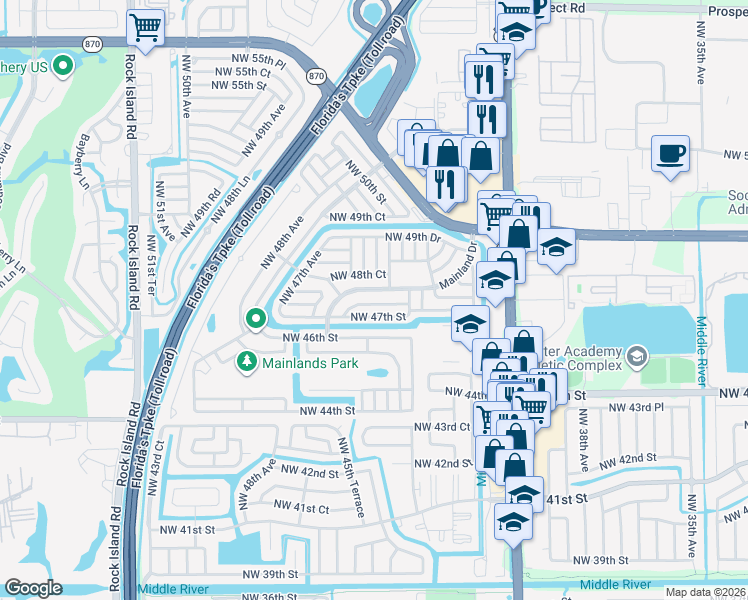 map of restaurants, bars, coffee shops, grocery stores, and more near 4409 Northwest 47th Court in Tamarac