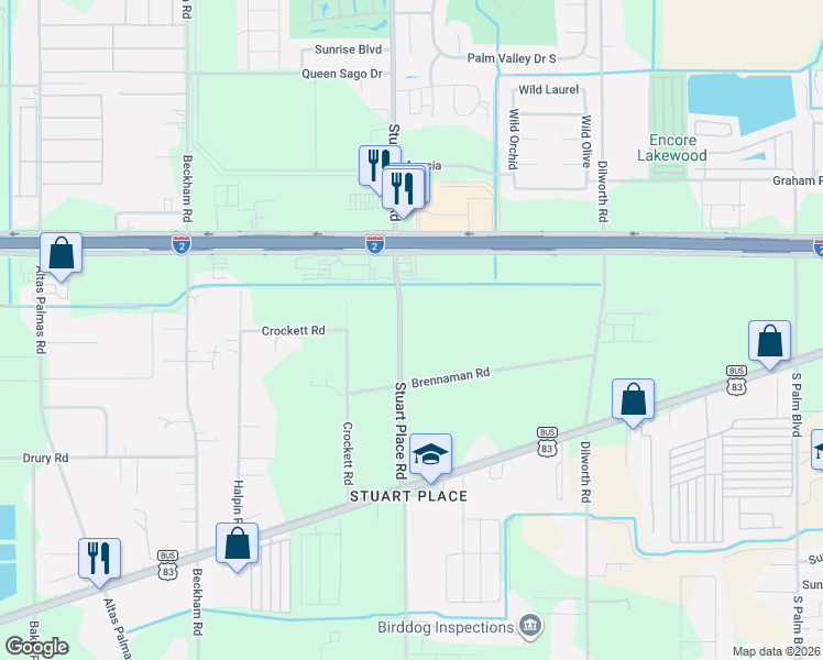 map of restaurants, bars, coffee shops, grocery stores, and more near 721 Stuart Place Road in Harlingen