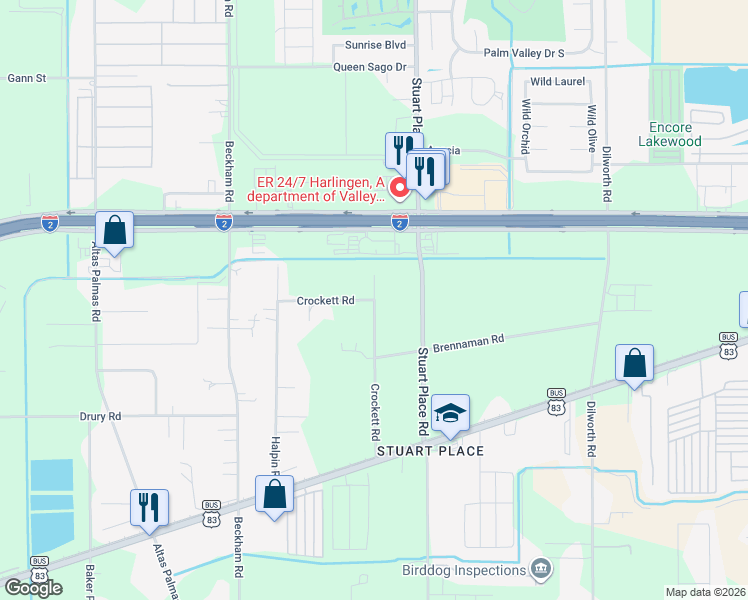 map of restaurants, bars, coffee shops, grocery stores, and more near 16399 Crockett Rd in Harlingen