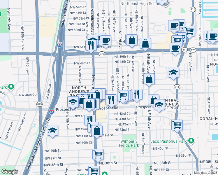 map of restaurants, bars, coffee shops, grocery stores, and more near 130 Northeast 46th Court in Fort Lauderdale