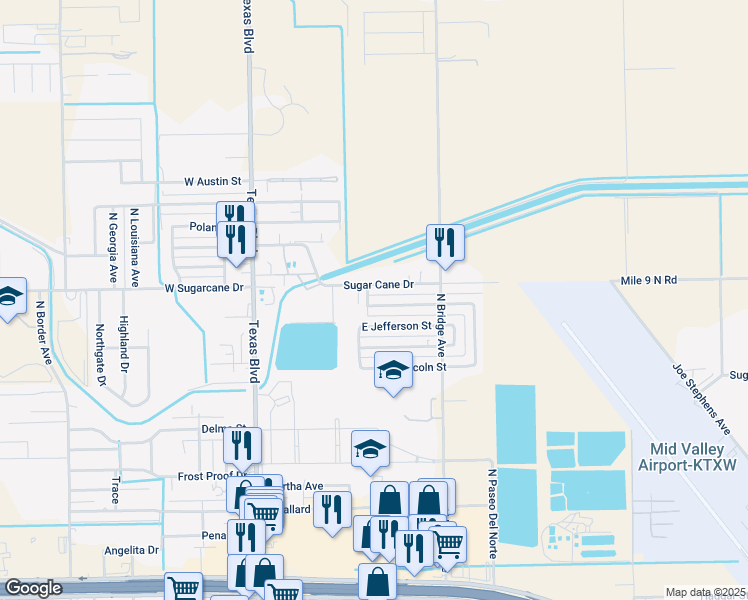 map of restaurants, bars, coffee shops, grocery stores, and more near 607 East Washington Street in Weslaco
