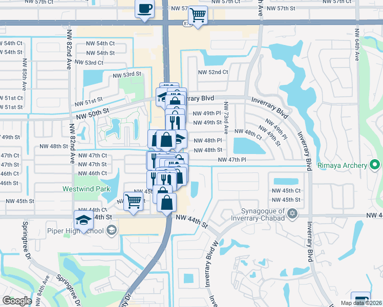 map of restaurants, bars, coffee shops, grocery stores, and more near 7498 Northwest 48th Street in Lauderhill