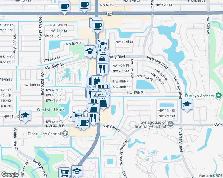 map of restaurants, bars, coffee shops, grocery stores, and more near 7498 Northwest 48th Street in Lauderhill