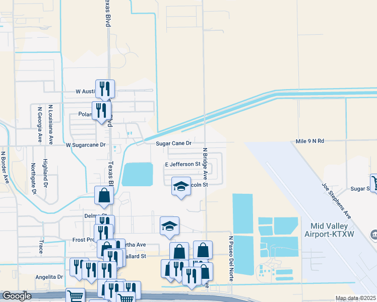 map of restaurants, bars, coffee shops, grocery stores, and more near 715 East Washington Street in Weslaco