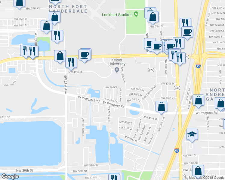map of restaurants, bars, coffee shops, grocery stores, and more near 4575 Northwest 16th Way in Fort Lauderdale