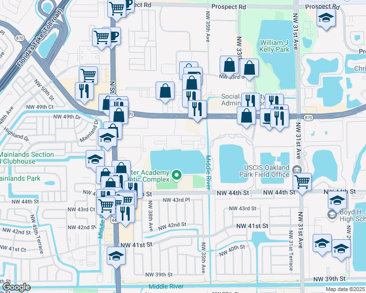 map of restaurants, bars, coffee shops, grocery stores, and more near 3634 South Pacific Coast Circle in Lauderdale Lakes