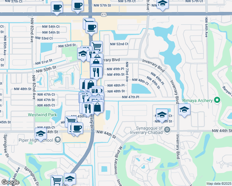 map of restaurants, bars, coffee shops, grocery stores, and more near 7408 Northwest 48th Street in Lauderhill