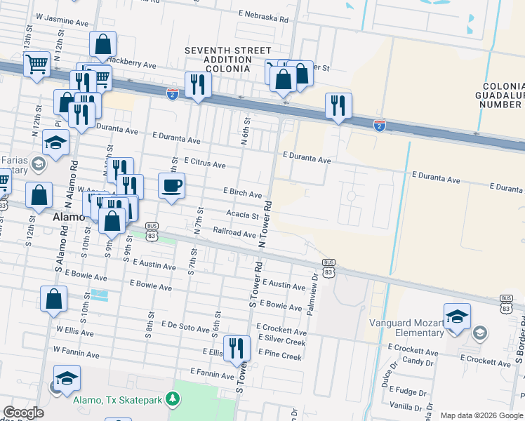 map of restaurants, bars, coffee shops, grocery stores, and more near 213 North Tower Road in Alamo