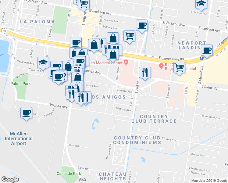 map of restaurants, bars, coffee shops, grocery stores, and more near 2016 South 5th Street in McAllen