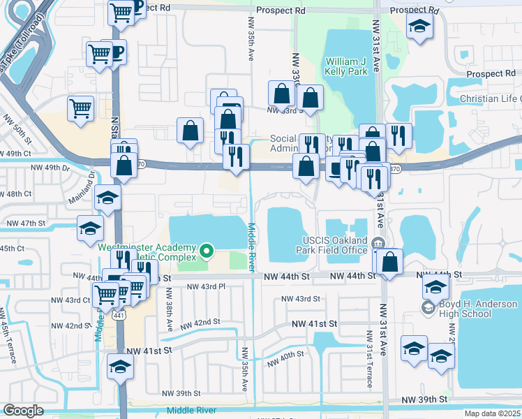 map of restaurants, bars, coffee shops, grocery stores, and more near 3441 Northwest 44th Street in Fort Lauderdale