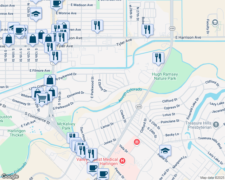 map of restaurants, bars, coffee shops, grocery stores, and more near 2309 South Parkwood Drive in Harlingen