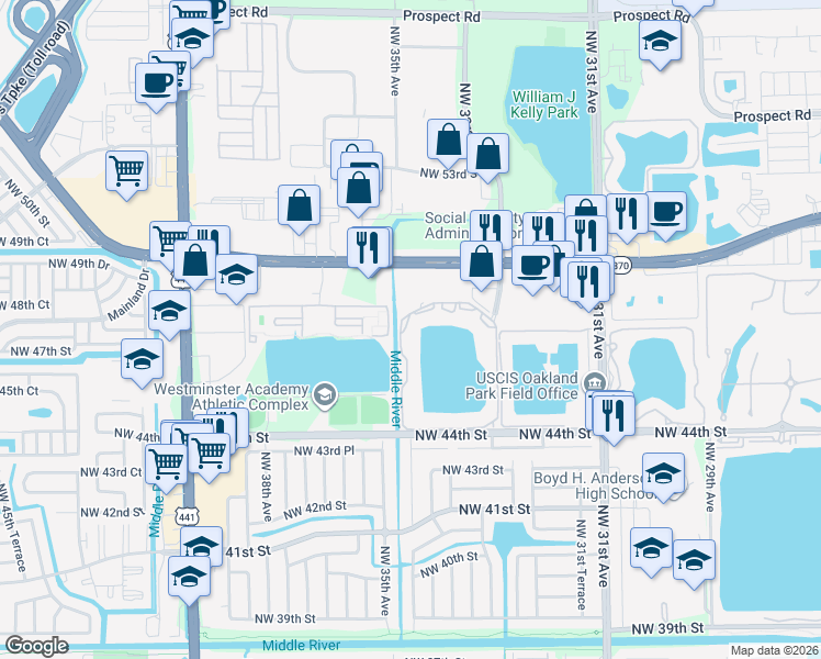 map of restaurants, bars, coffee shops, grocery stores, and more near 3441 Northwest 44th Street in Fort Lauderdale