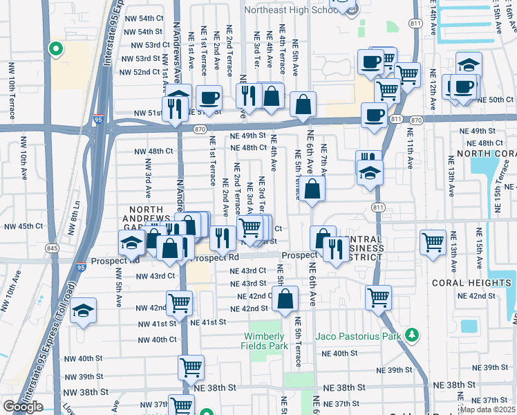 map of restaurants, bars, coffee shops, grocery stores, and more near 4611 Northeast 3rd Terrace in Fort Lauderdale