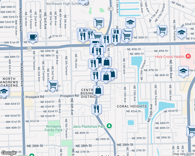 map of restaurants, bars, coffee shops, grocery stores, and more near 4530 North Dixie Highway in Oakland Park