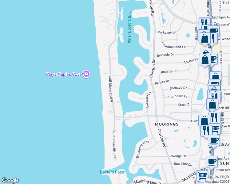 map of restaurants, bars, coffee shops, grocery stores, and more near 3200 Gulf Shore Boulevard North in Naples