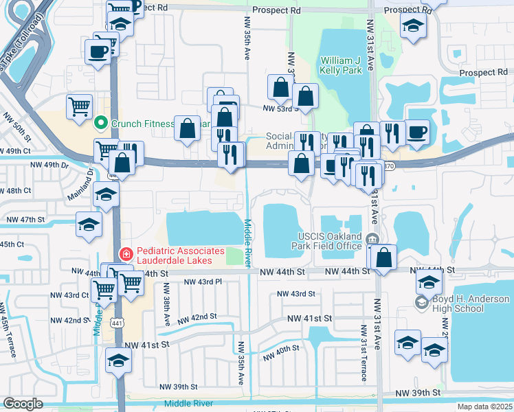 map of restaurants, bars, coffee shops, grocery stores, and more near 3441 Northwest 44th Street in Fort Lauderdale