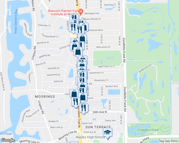 map of restaurants, bars, coffee shops, grocery stores, and more near 1012 Ridge Street in Naples