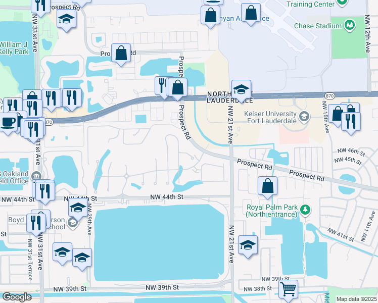 map of restaurants, bars, coffee shops, grocery stores, and more near 2325 Rollingwood Court in Oakland Park