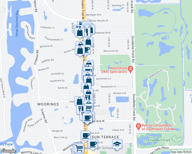 map of restaurants, bars, coffee shops, grocery stores, and more near 1012 Ridge Street in Naples