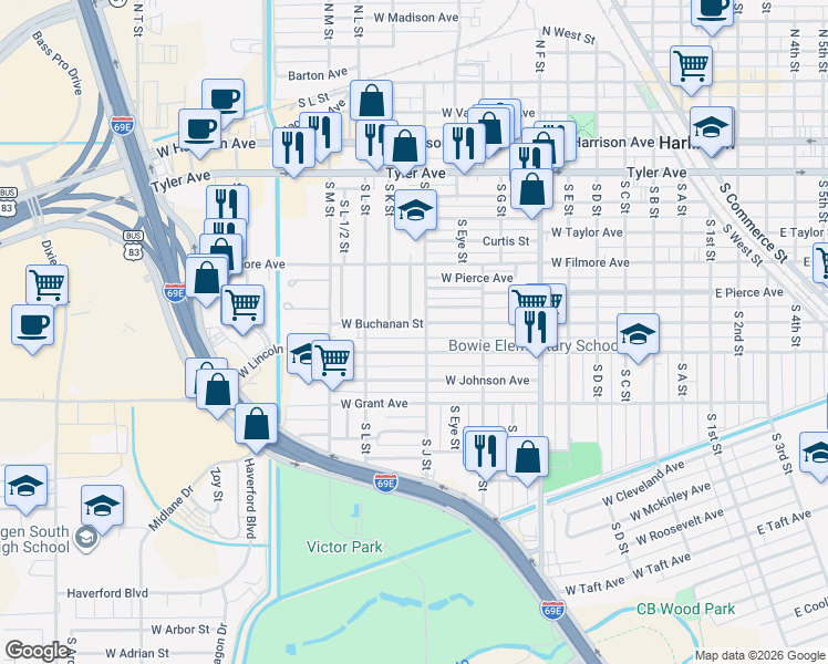 map of restaurants, bars, coffee shops, grocery stores, and more near 1103 West Buchanan Street in Harlingen