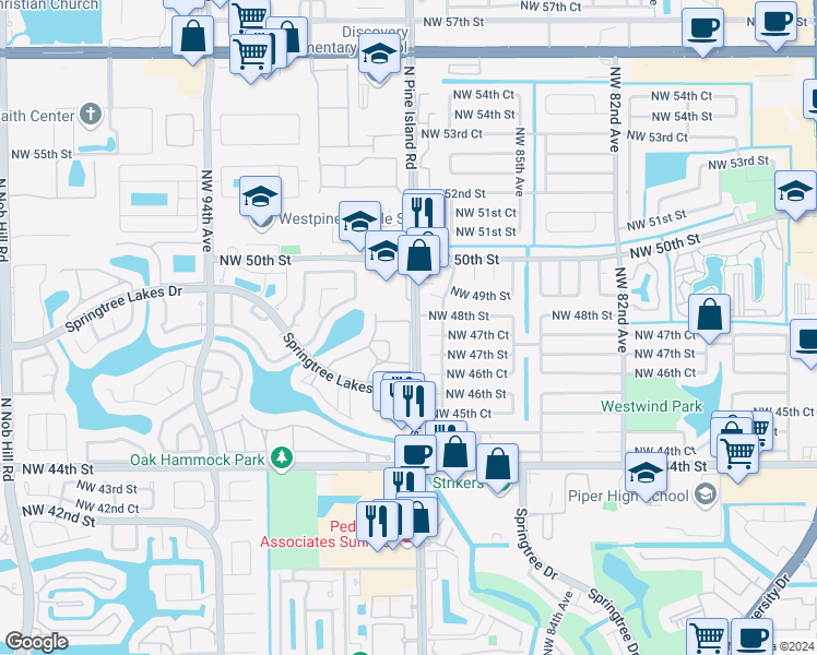 map of restaurants, bars, coffee shops, grocery stores, and more near 146 Northwest 88th Avenue in Sunrise