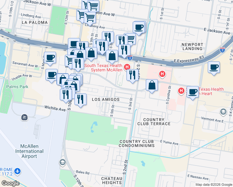 map of restaurants, bars, coffee shops, grocery stores, and more near 2016 South 5th Street in McAllen