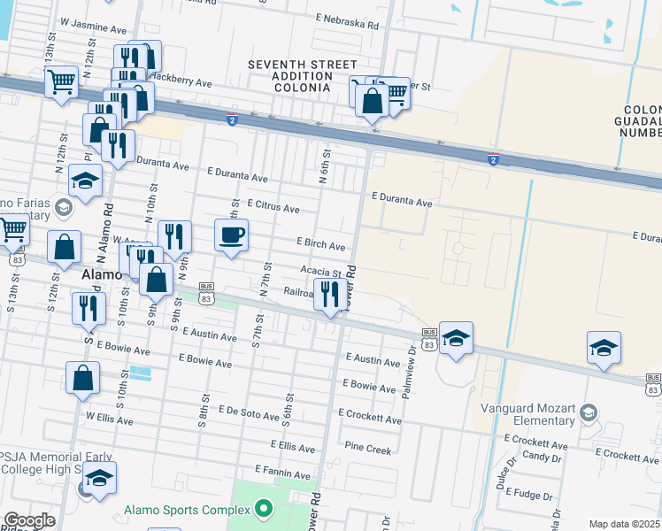 map of restaurants, bars, coffee shops, grocery stores, and more near 520 E Acacia Ave in Alamo