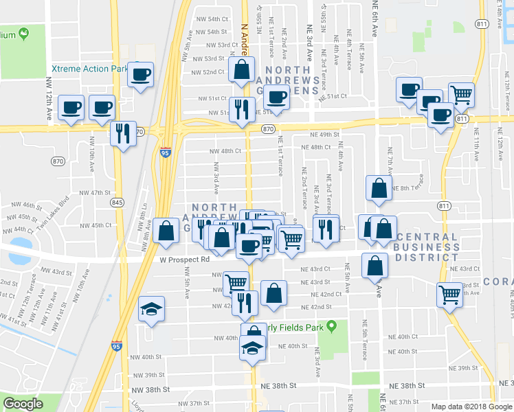 map of restaurants, bars, coffee shops, grocery stores, and more near 30 Northeast 46th Court in Fort Lauderdale