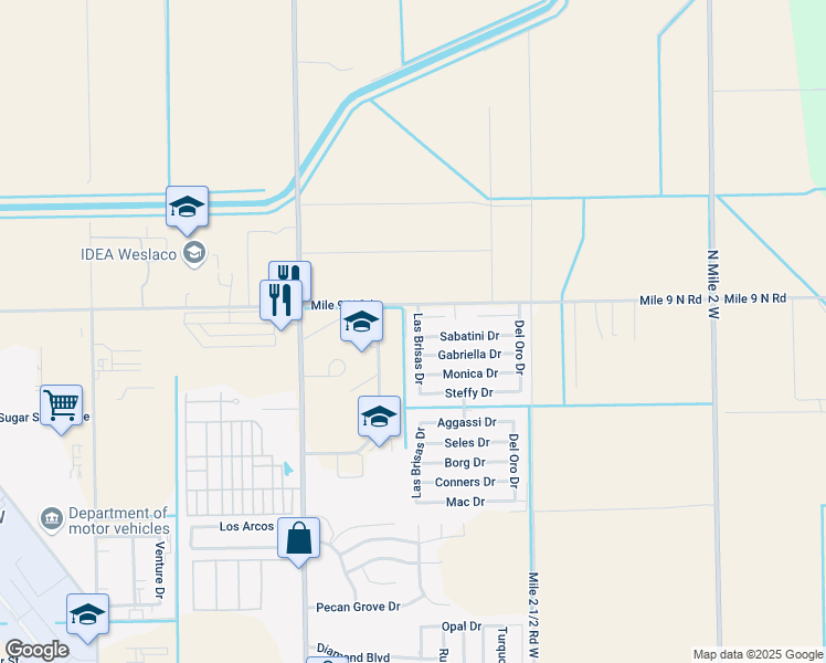 map of restaurants, bars, coffee shops, grocery stores, and more near 2405 Las Brisas Drive in Weslaco