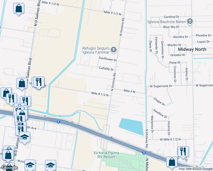map of restaurants, bars, coffee shops, grocery stores, and more near 2511 North Victoria Road in Donna