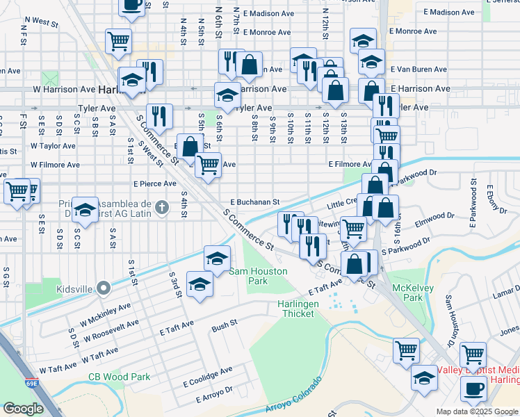 map of restaurants, bars, coffee shops, grocery stores, and more near 806 E Buchanan St in Harlingen